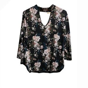 No Comment Plus Floral Choker Neck Cutout Blouse Black Pink 3X 3/4 Sleeve Top